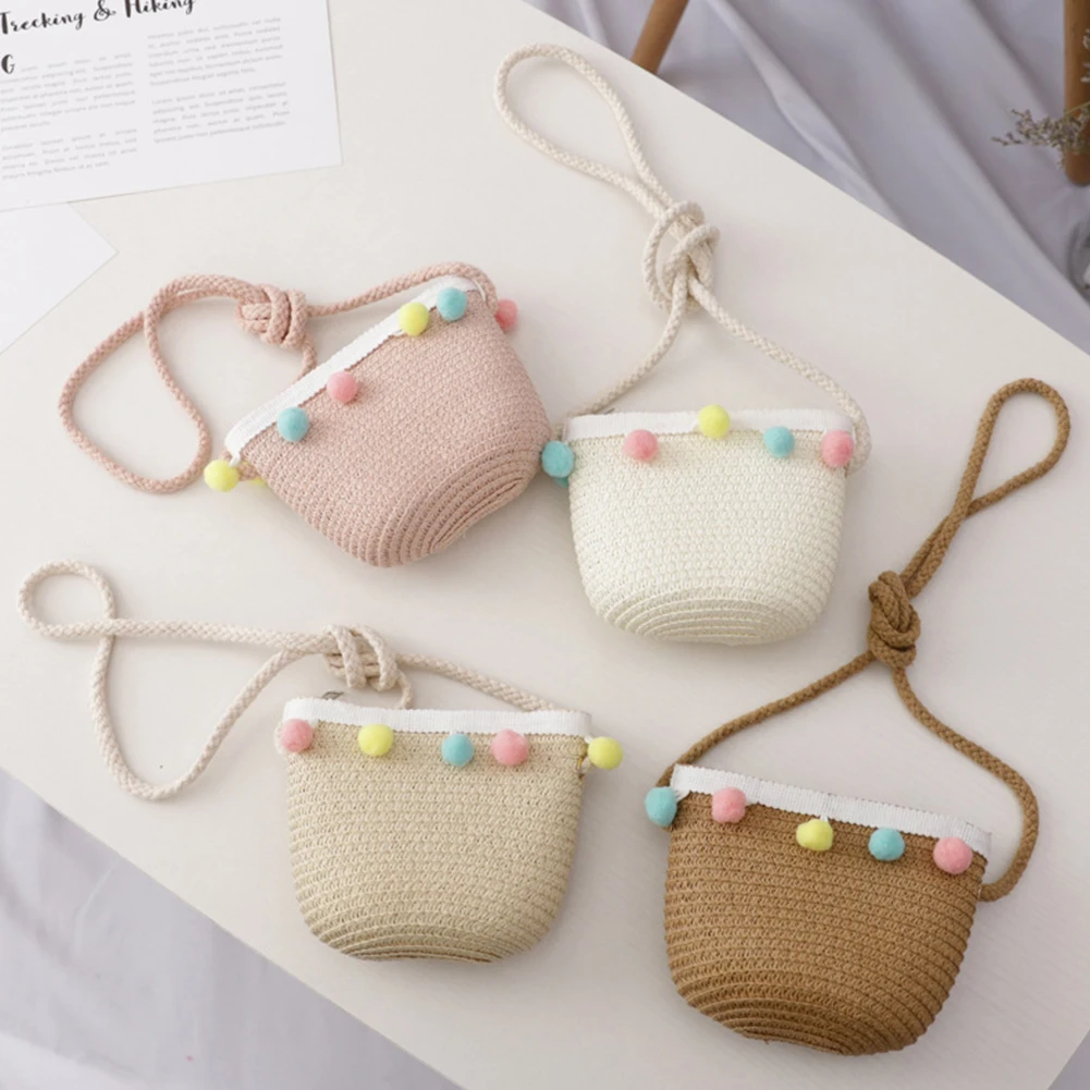 Kids Girls Large Wide Brim Straw Woven Sun Protection Beach Hat Colorful Pompom Ball Summer Floppy Bucket Cap Portable Handbag
