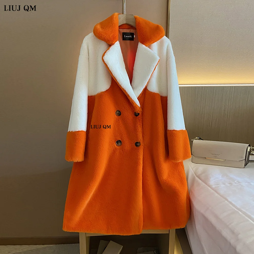 

5XL Plus Size Clothing Winter Faux Fur Coat Women Double Breasted Jacket Parka Long Thick Warm Female Trench Coat Plush Overcoat