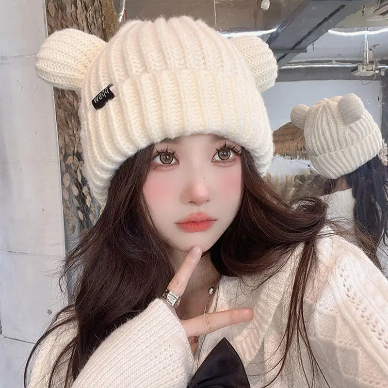 

Women Solid Color Knitted Cute Bear Ears Wool Hat Women Fashion Hooded Thick Winter Beanies Warm Caps Female Personality Bonnet