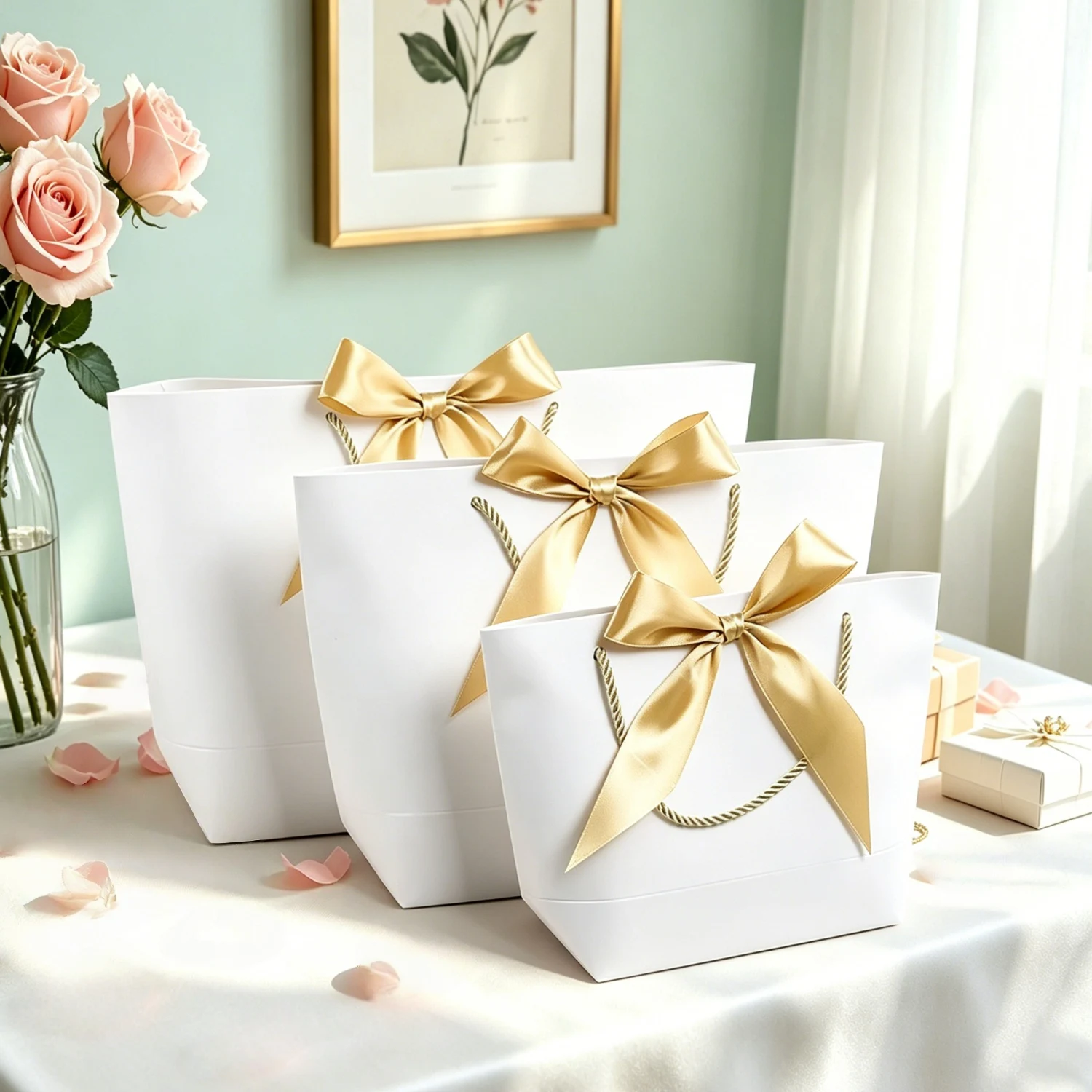 Geschenktüte mit Schleifenband, recycelbare DIY-Papiertüten für Kleidung, Hochzeit, Geburtstagsfeier mit Griffen, Feierdekoration, 10 Stück