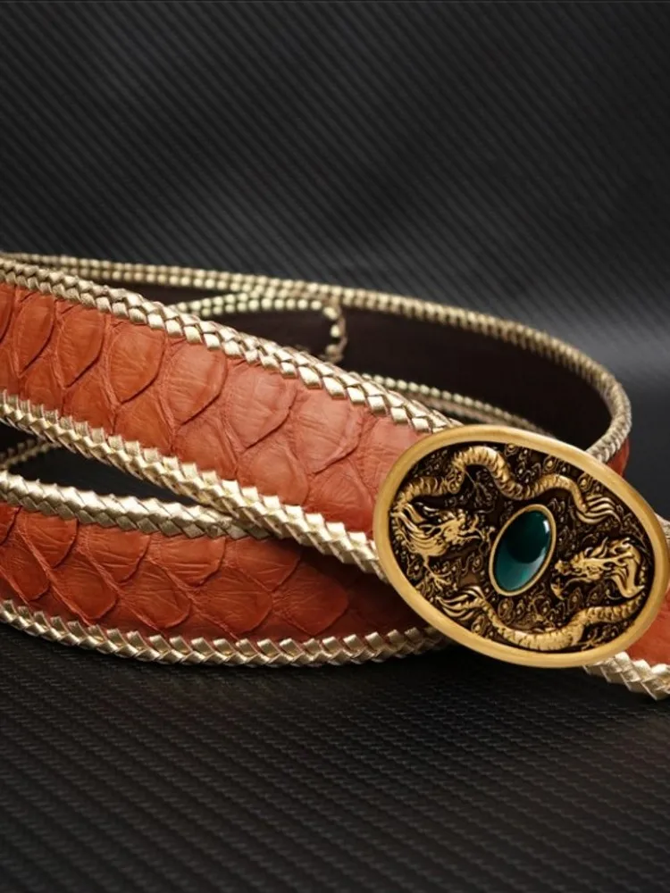 New Vintage Real Snakeskin Belt Men Gothic Copper Buckle