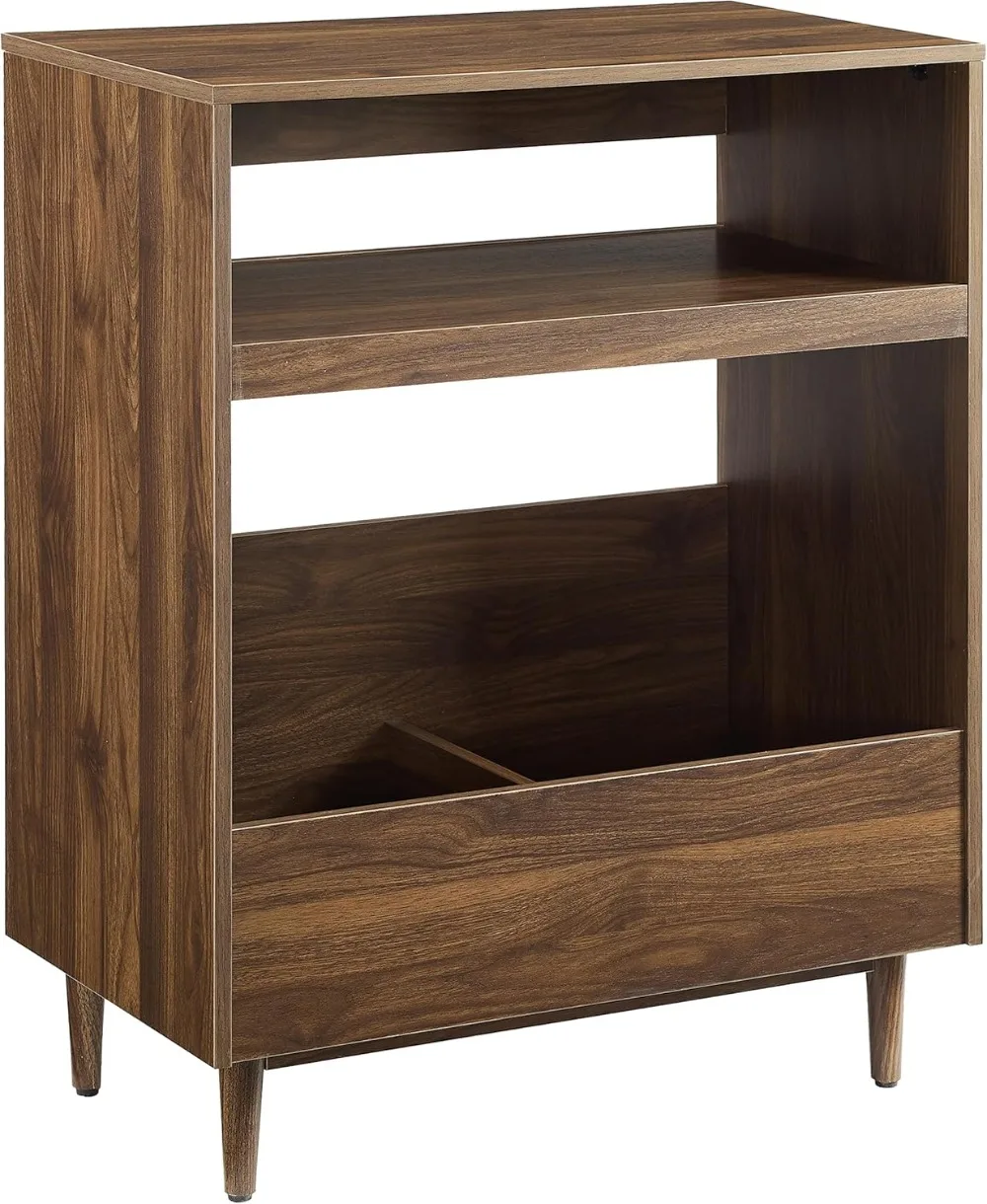 Mid Century Modern Turntable Stand with Vinyl Storage, Walnut Finish, Adjustable Legs