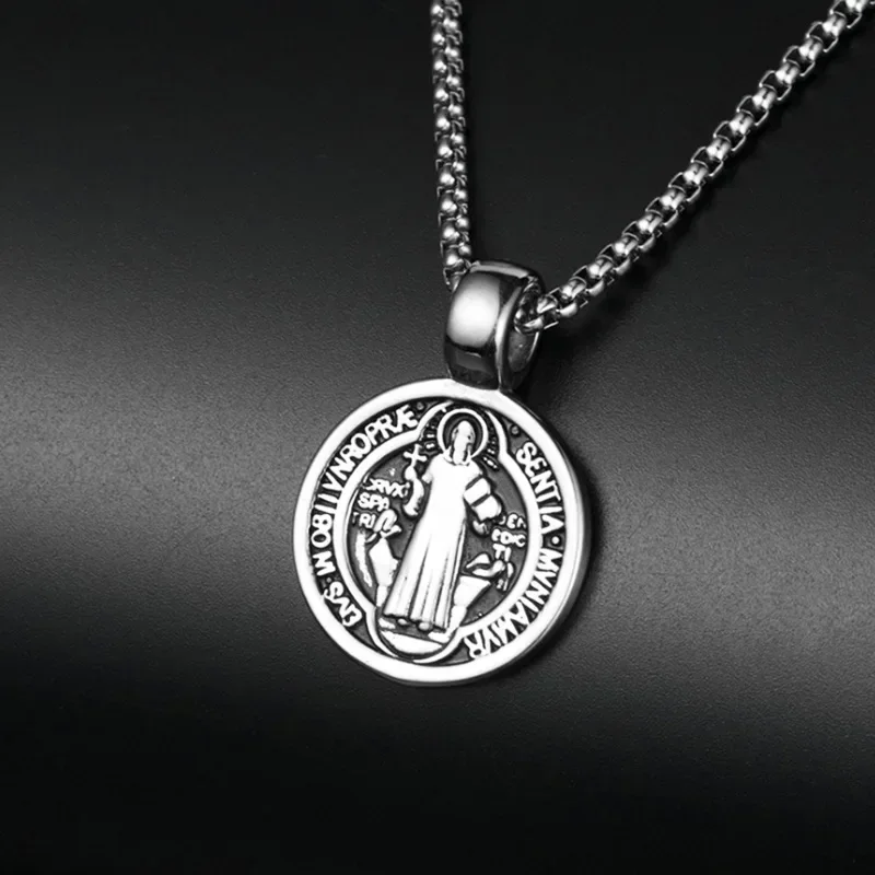 Vintage St Benedict Exorcism Women Men Necklace Round Pendant Stainless Steel 24Inch Chain Catholic Roman Cross Demon Necklaces 3