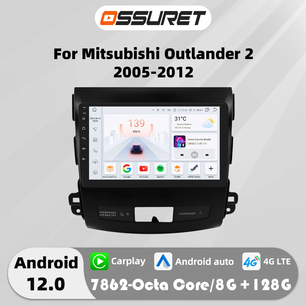 Autoradio Carplay Android 12 de 9 Pouces, Lecteur MultiXXL Vidéo, 4G, GPS, Stéréo, FM, pour Mitsubishi Outlander 2/KIT 4007/Cristaux en C-rosser