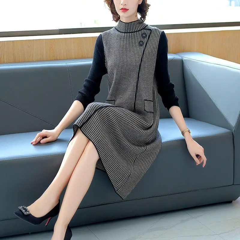 

Korean Thousand Bird Plaid Knitted Dresses for Women Autumn and Winter 2023 New Loose Mid Length Style Knee Length Woolen Dress