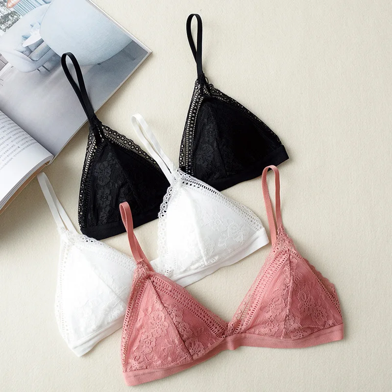

New Sexy Padded Lace Bralette Bra Top Ladies Wire Free Seamless Adjusted Brassiere Women Lingerie Deep V Lace Bras French Style