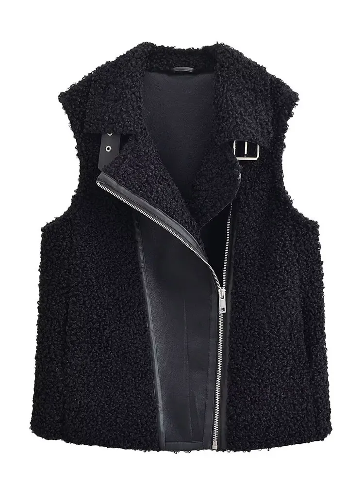 HH Women Vintage Black Faux Fur Leather Waistcoat Elegant Faux Wool Fleece Sleeveless Zipper Vest Female Fashion Streetwear