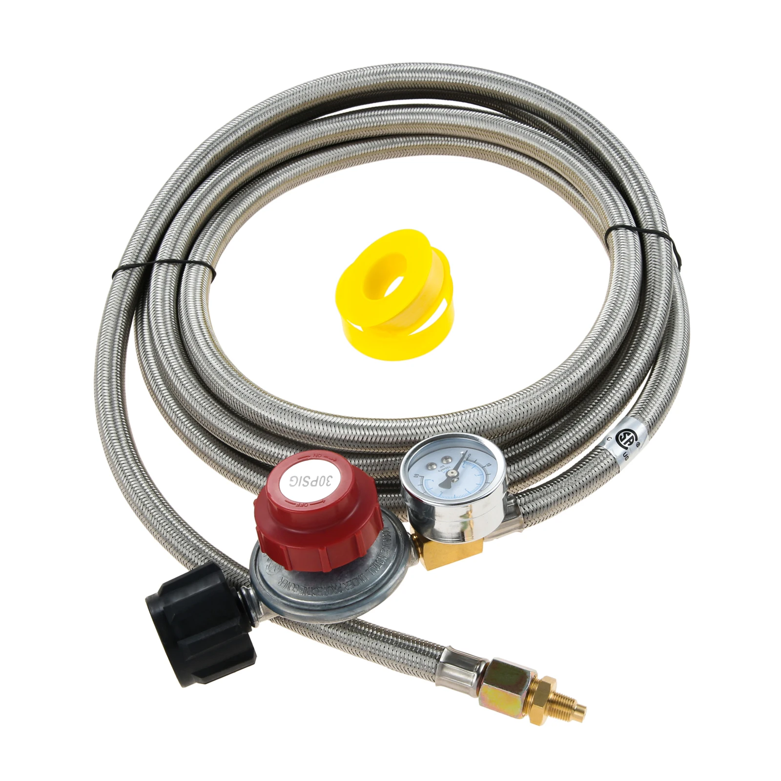 QCC1 0-30PSI Adjustable High Pressure Propane Regulator Hose 12Feet + PSI Gauge Grill 3/8
