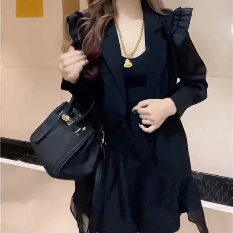 Internet Celebrity Elegant Fashion Suit Women's Western Style Mesh Casual Ruffled Suit Jacket Wide Leg Shorts Two-piece Set Fash