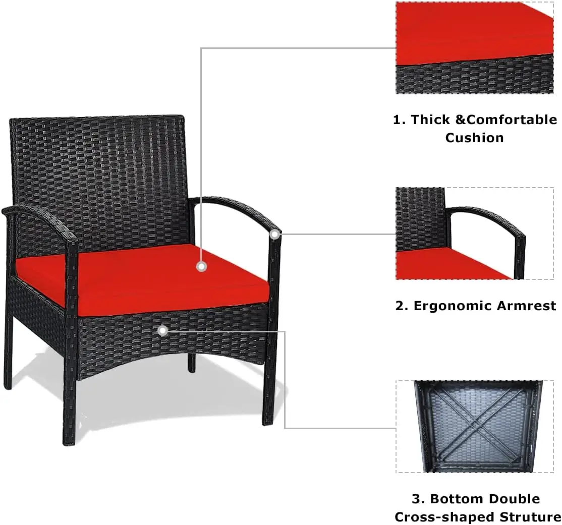 3 Pieces Patio Furniture Set Outdoor Conversation Set Rattan Wicker Bistro Set with Glass Coffee Table & Soft Cushions