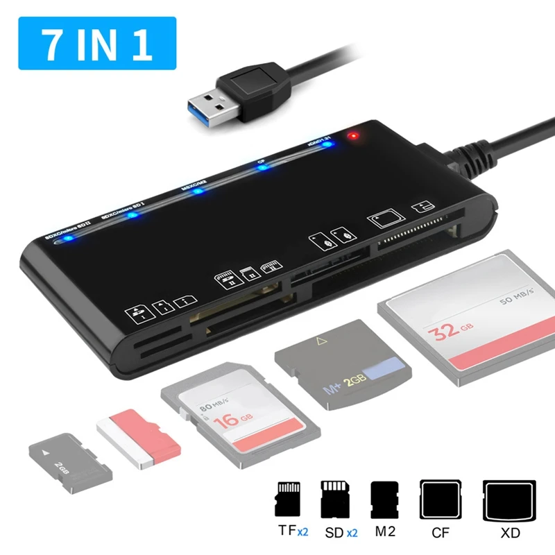 7 in 1 USB 3.0 카드 리더기 다기능 카드 판독기 CF/XD/MS/SD/TF 카드 어댑터 (윈도우 비스타/XP/7/8/10/11 리눅스 OS용)
