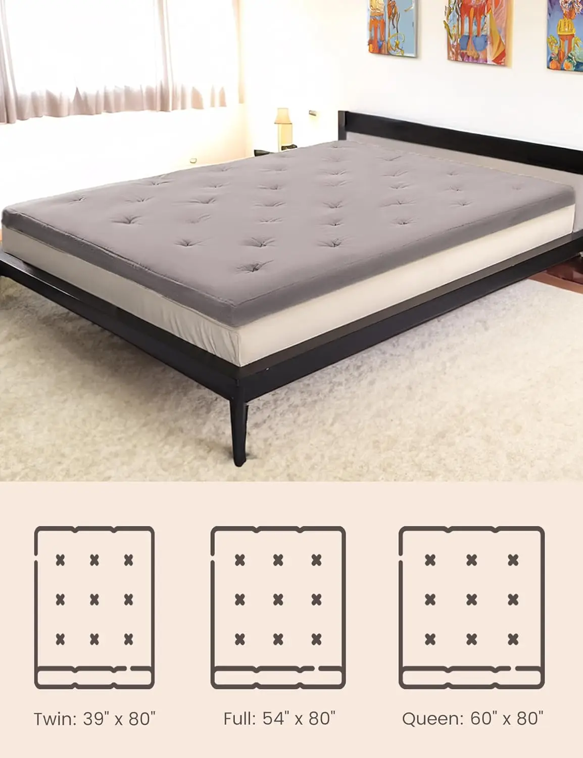 Queen Japanese Floor Futon 60 &ldquo;x80&rdquo;, Cotton 4'' Thickened Tatami Mattress, Adult Rollaway Floor Lounger (Gray)