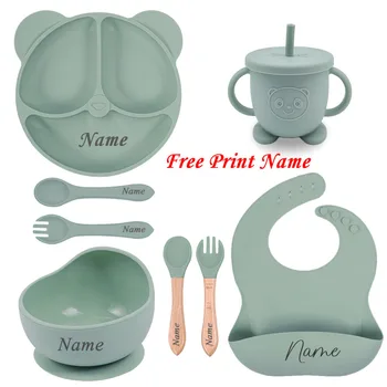 Silicone Bear Plate For Kids 8Pcs Baby Feeding Set Personalized Name Logo Baby's Exclusive Tableware Customized Newborn Gift