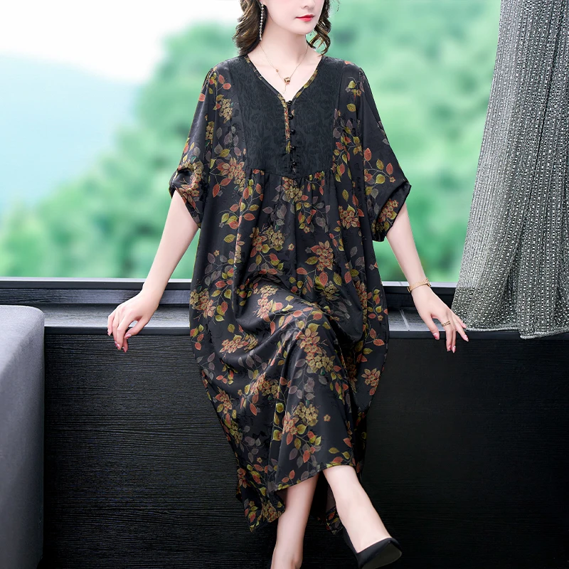 

2023 New Fashion Silk Vintage Print Dress Women's Autumn Versatile Splice Ethnic Style Loose Fit Casual Holiday Dress Vestidos