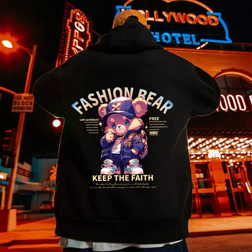 

KEEP THE FAITH Fashion Bear Printed Men Hooded Loose Fleece Warm Tracksuit Sports Street Fashion Hoody Casual All Match Hoodies
