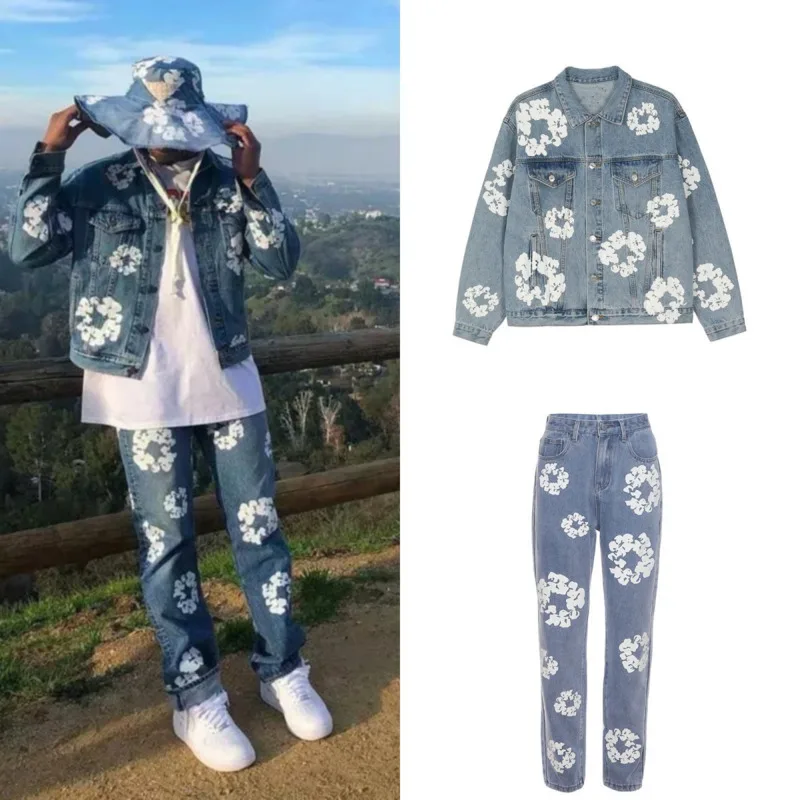 

Vintage Kapok Print Denim Coat For Women Cotton High Quality Kanyes Fashion Brand Jeans Pants Y2k High Street Streetwear Jacket