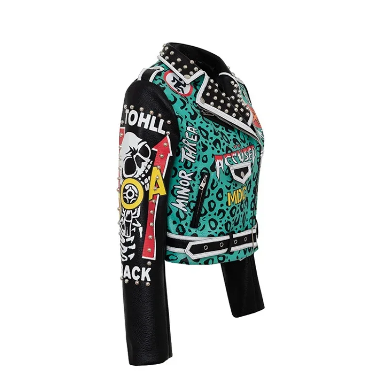 Graffiti Print Motorcycle Leather Jacket Women 2024 Trend Punk Style Streetwear Contrast Stitched Faux Leather Studded Jackets