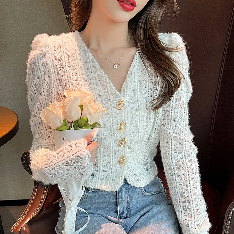 Sexy Women Lace Blouse Deep V-neck Single Breast Long Sleeves Hollowed White Cotton Lace Blouse Women