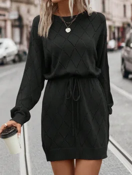 Plus Size Women Casual Black Argyle Sweater Dress Oversized Drawstring Waist Loose Knit Midi Dress