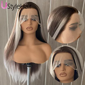 UStyleHair Ombre Brown Wig with Platinum Highlights Synthetic Lace Front Long Silky Straight Wig Heat Resistant Natural Hairline