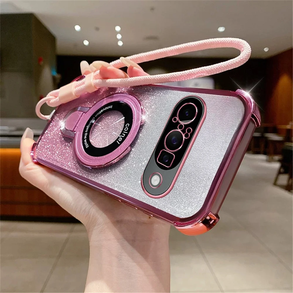 Glitter Shockproof Silicone Phone Case with Magnetic Bracket and Lanyard Strap