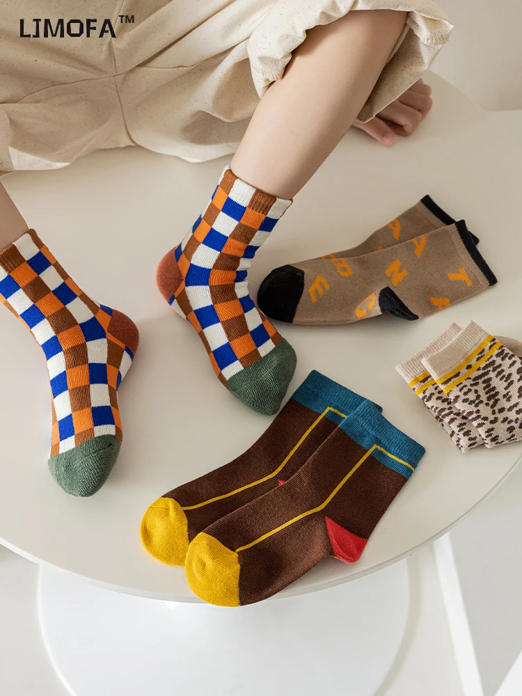 LJMOFA 5 Pairs Cotton Kids Socks Warm Winter Socks Baby Girls Boys Retro Tartan Leopard Pattern Fashion Toddler C161