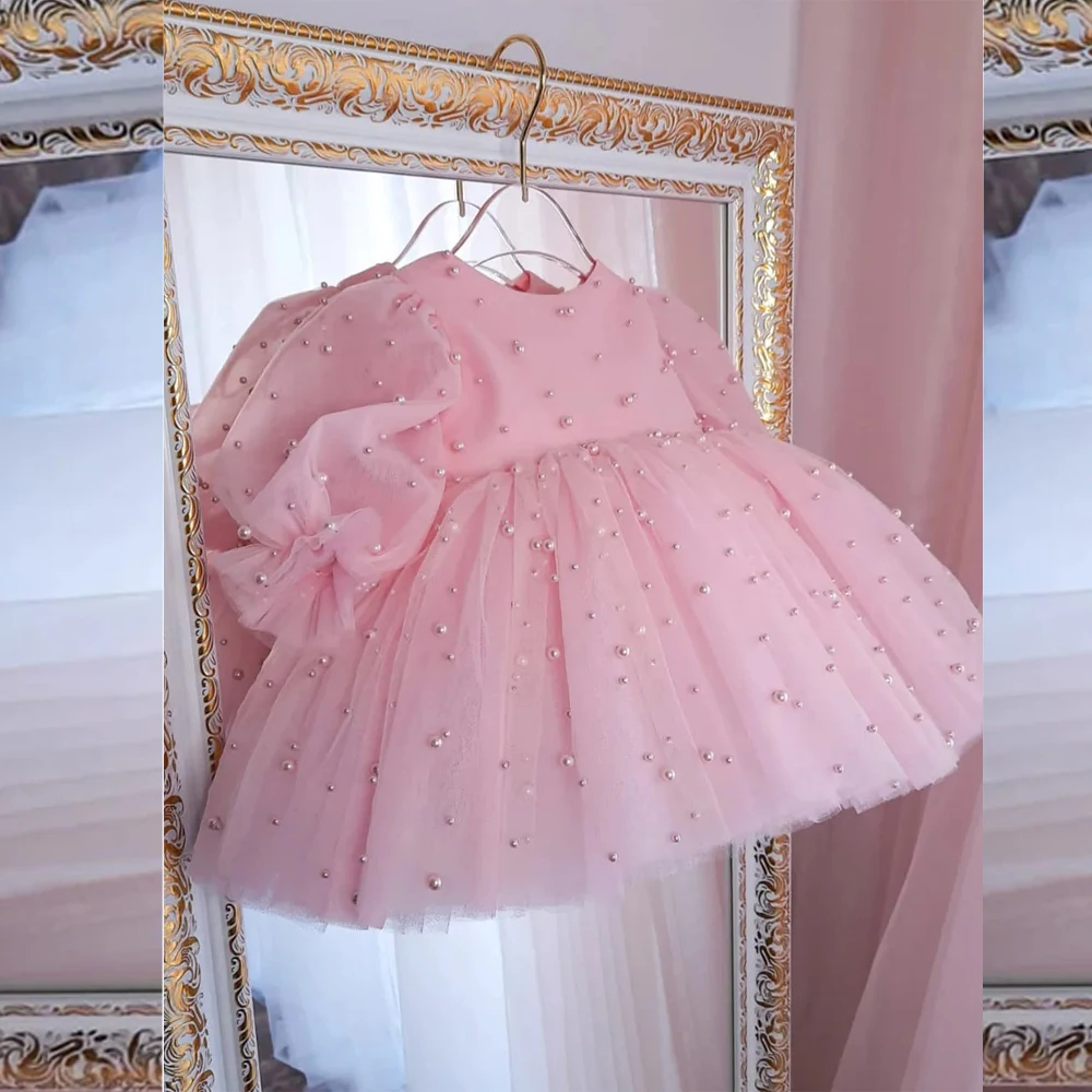 

Cute Piink Tulle Princess Flower Girl Dress Short Pearls Banquet First Communion Short Sleeve Wedding Party Birthday for Kids