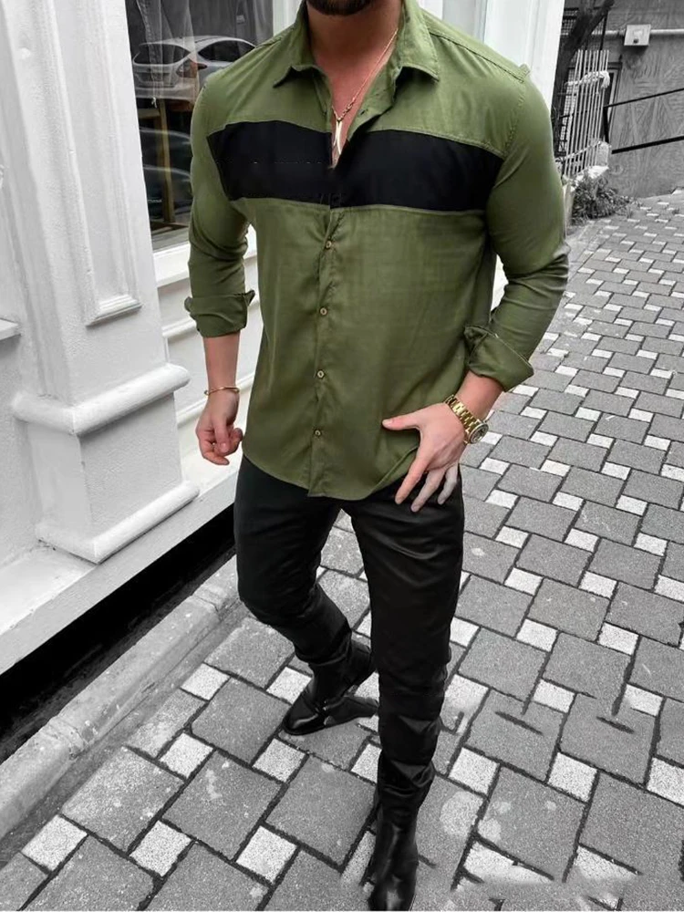 2022 Spring Single Breasted Button Men's Shirt Casual Turn-down Collar Patchwork Man Top Shirts Retro Long Sleeve Street T-shirt long short sleeve shirt