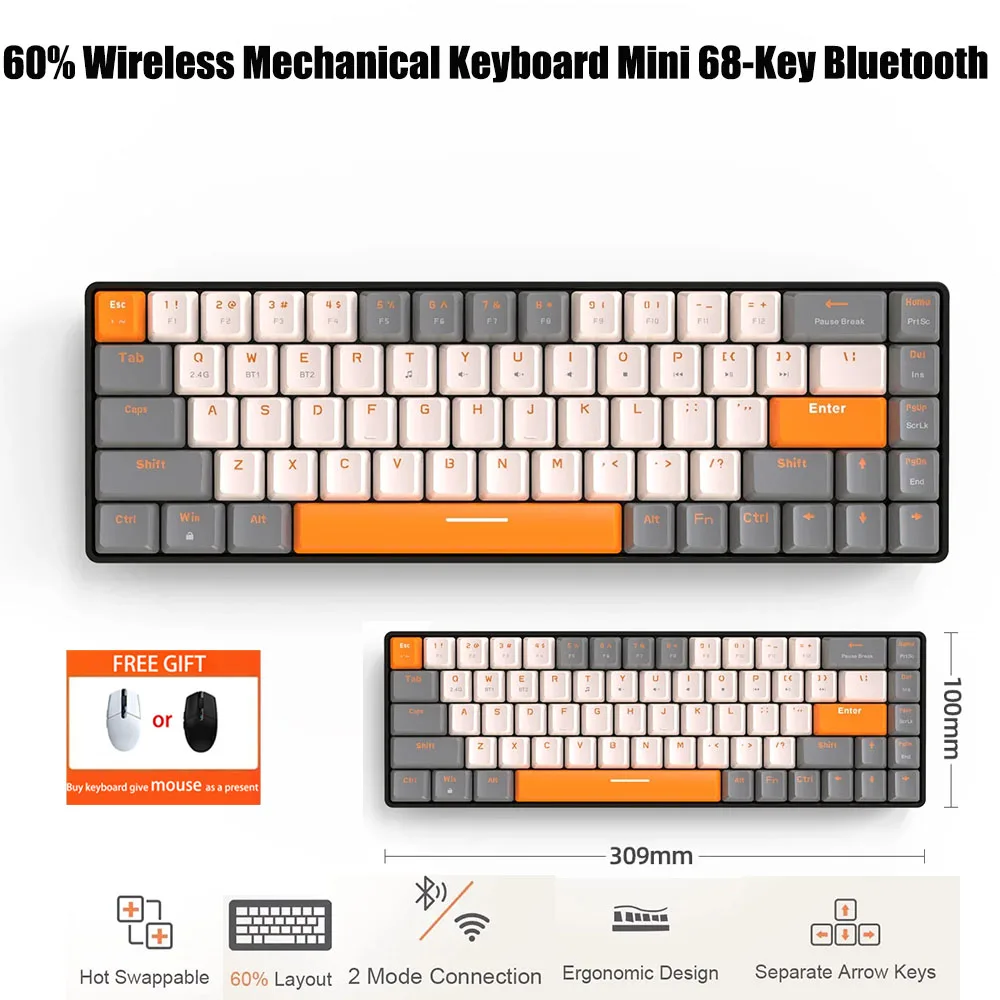 

K68 2.4G Wireless Mechanical Keyboard BT 5.0 Bluetooth Mini Keyboard for Lnjection molding key cap Keyboard 68 key layout