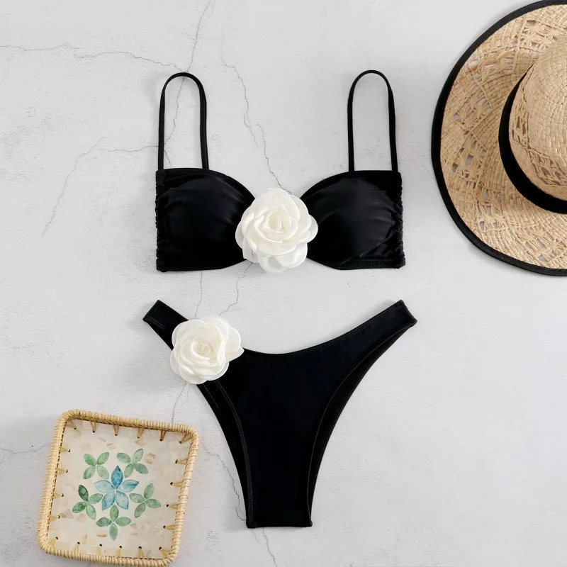 Women's 2 Piece 3D Rose Swimsuit Bikini Spaghetti Strap High Waisted Bathing Suit Beachwear