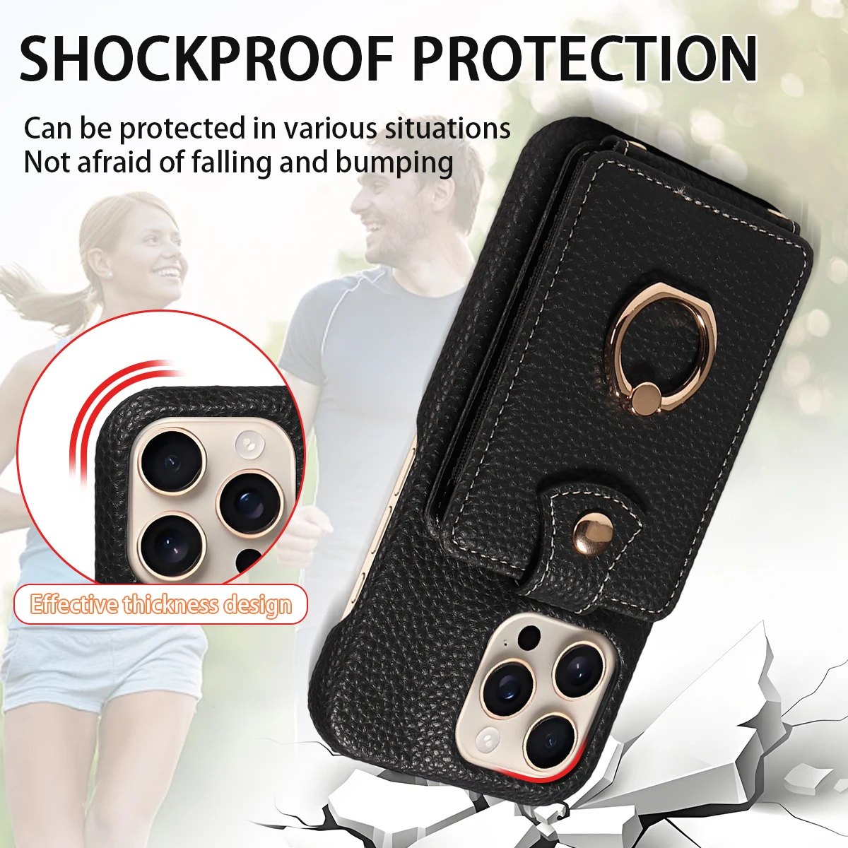 PU Leather Phone Case with Ring Holder and Card Slots - Anti-Fall Protection