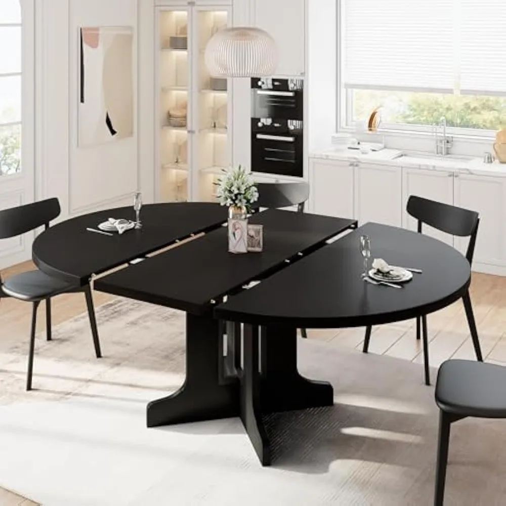 59"Extendable Round Dining Table for 4-8,Modern Kitchen Table with Sturdy Wooden Base,Dining Room Table with Thickened MDF Board