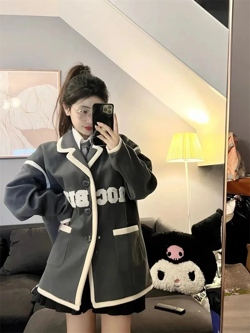 Women's Coat Woolen Coat New Autumn/winter 2023 Versatile Patchwork Suit Collar Design Embroidered Letter Baseball Jacket P190