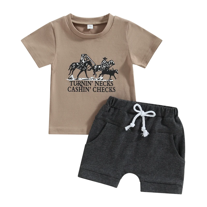 

Baby Boys Shorts and Tshirt Set Summer Toddler Western Print Short Sleeve Tops with Elastic Waist Shorts Infant Clothes Outfit