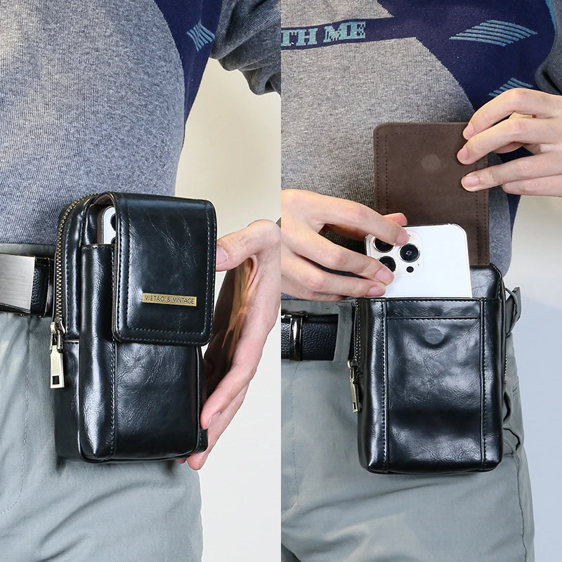 Outdoor Adventure Black PU Leather Phone Case - Vertical Large Capacity Zipper Pouch