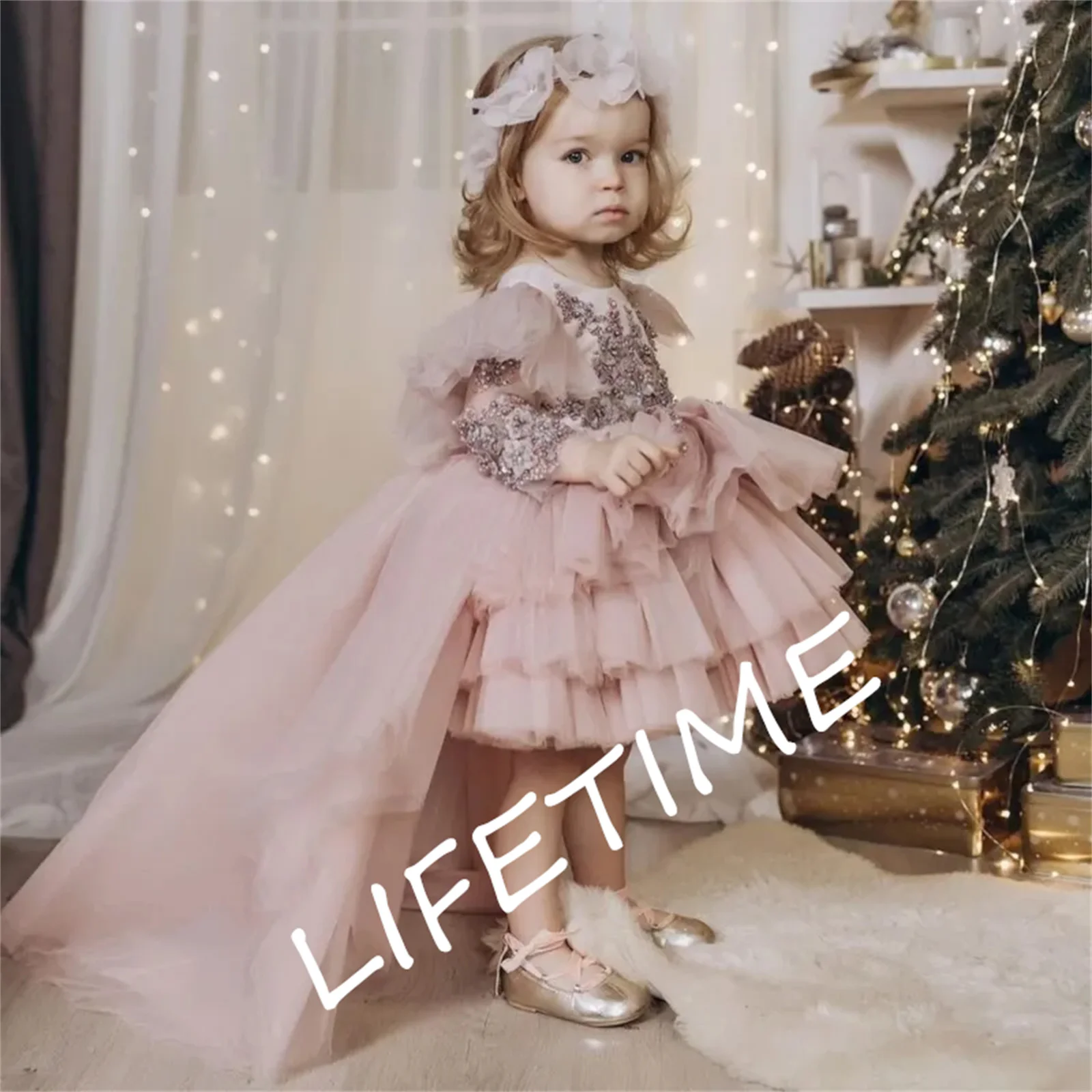 

Flower Girl Dresses Dirty Pink Tulle Puffy Appliques Beadings With Tailing 3/4 Sleeve For Wedding Birthday First Communion Gowns