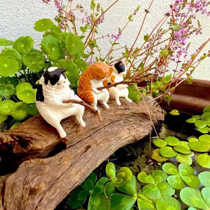 Cats Fishing Figurine Cat Sculpture Sitting Fishing Little Cute Cat Resin Ornament Decorative Furnishing For Aquarium Home Decor