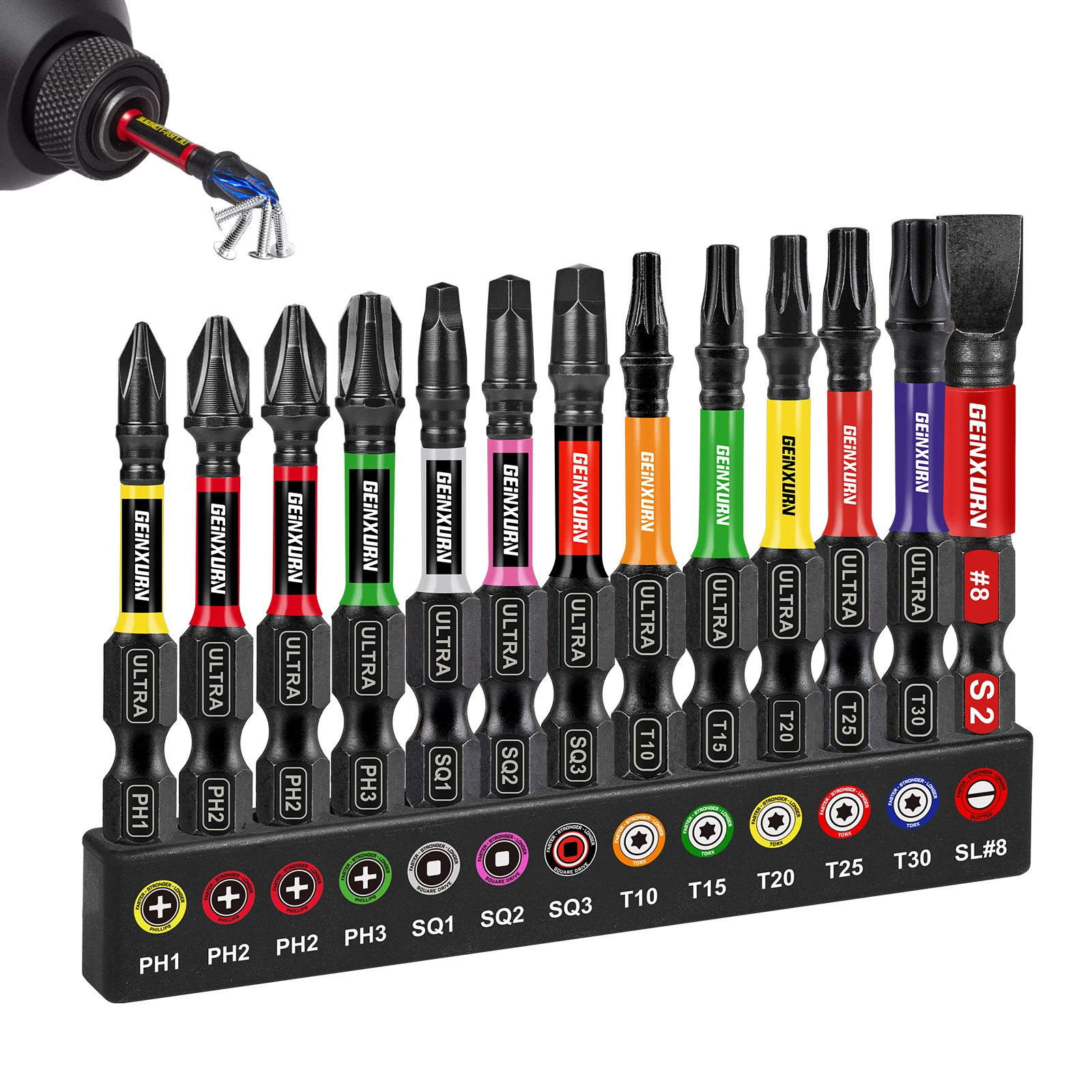 Geinxurn 13PCS Impact Phillipes/Square/Slotted Screwdriver Bits Set, 2'' Magnetic S2 Steel Bits Set with Color Coded Base Geinxurn 13PCS Impact Phillipes/Square/Slotted Screwdriver Bits Set, 2'' Magnetic S2 Steel Bits Set with Color Coded Base