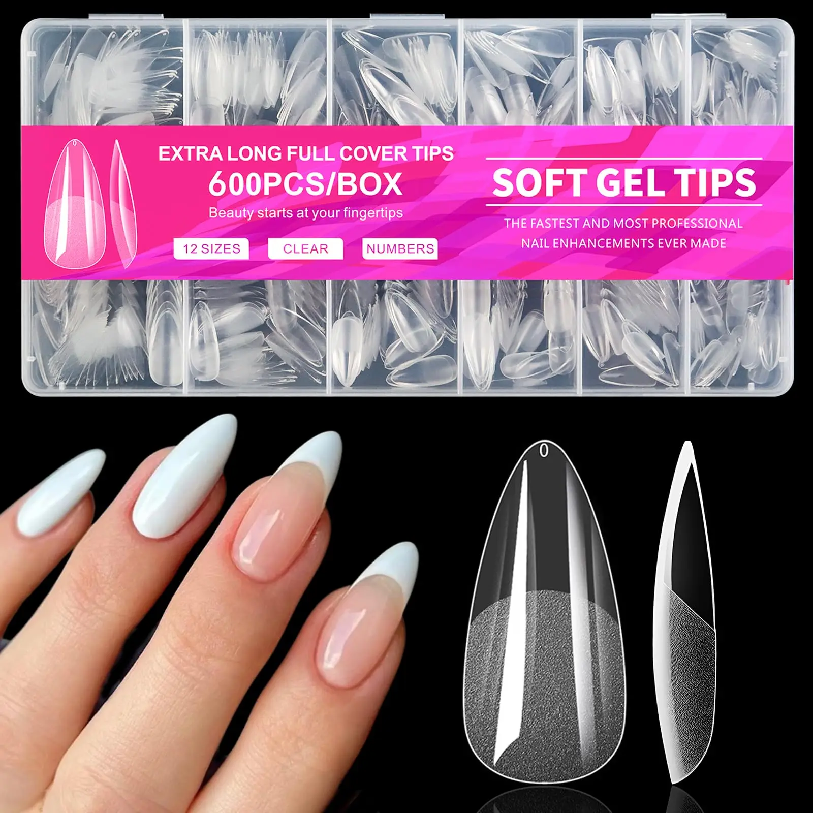 600 pieces of almond-shaped nail tips in medium size - soft gel nail tips in almond shape, transparent acrylic nail extensions