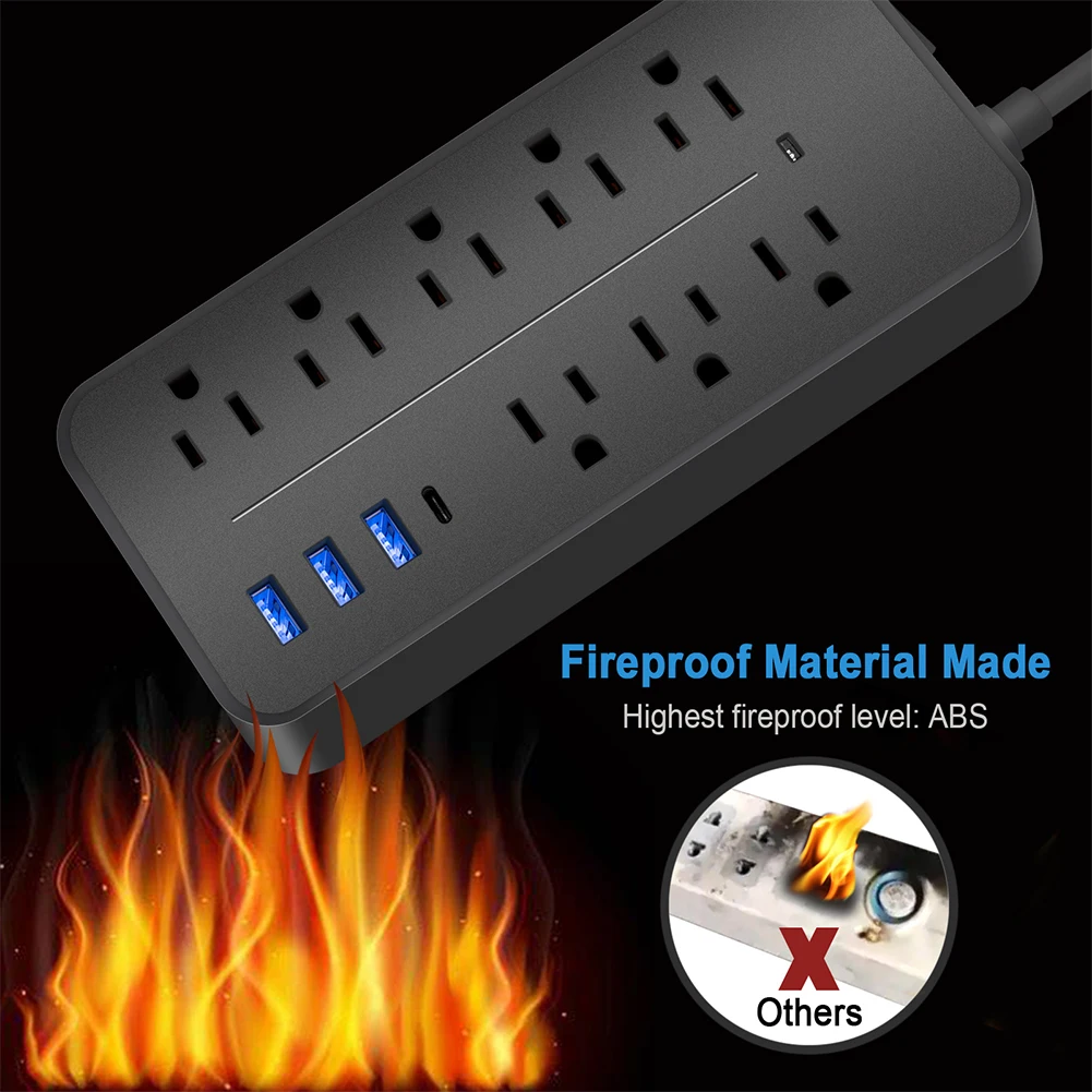 Power Strip US/EU Power Strip 10A 110V 220V 3 USB Type-C Power Smart Patch Panel 2000W Surge Protection Plug Charge Electrical Socket