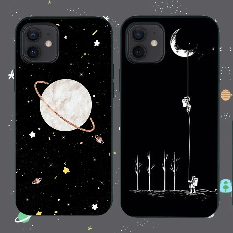 Moon Astronaut Cartoon Black Soft Silicone Phone Case Cover