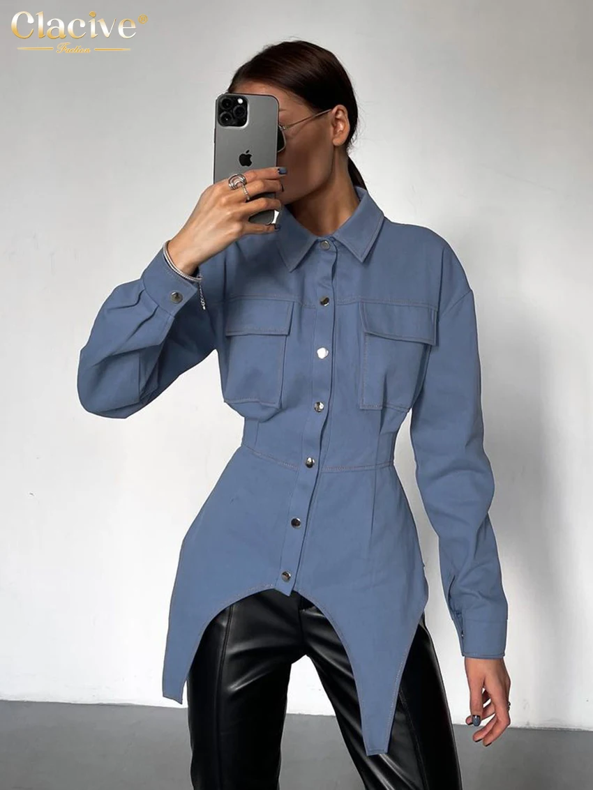 Clacive Fashion Slim Blue Women'S Shirt Elegant Lapel Long Sleeve Office Shirts And Blouses Bodycon Chic Pockets Tops Female twotwinstyle denim spliced pockets jeans for women high waist patchwork zipper minimalist chic jean female fashion clothing 2023