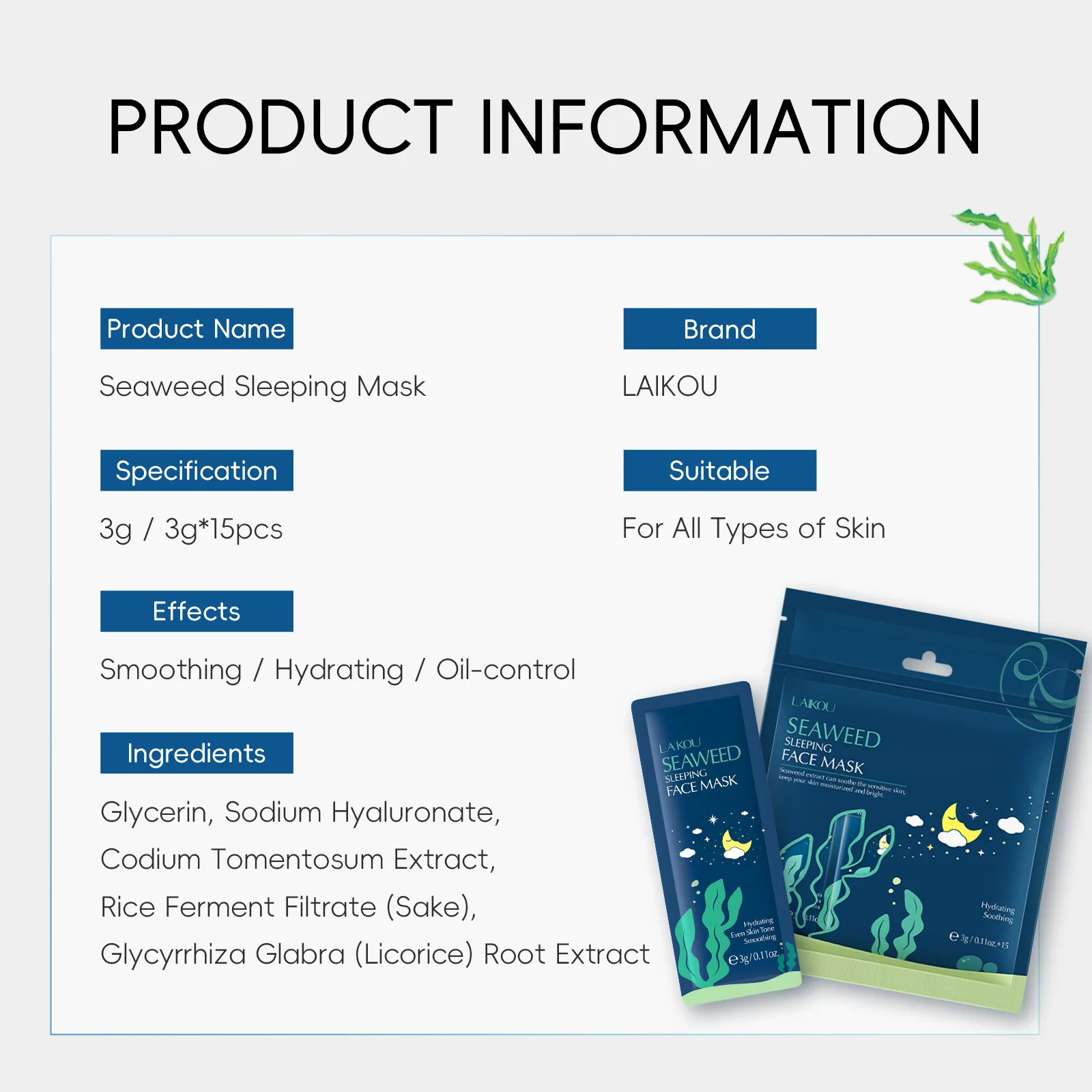 15pcs Bagged Seaweed Matcha Cherry Blossoms Moisturizing Essence Sleeping Face Mask Face Cream Anti Aging Hydrating Skin Care