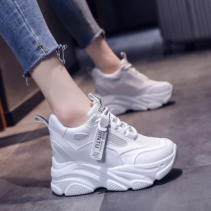 Zapatillas de de malla transpirable para mujer, zapatos deportivos de aumento oculto, con cuña, informales, gruesos, de 9CM con plataforma alta, primavera 2022| | - AliExpress