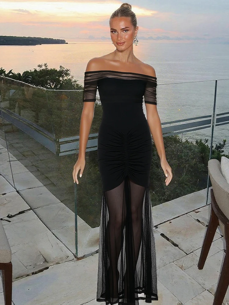 Nibber Slash Neck Maxi Dress Women Mesh Double Deck Ruched Short Sleeve Summer Trend Midnight Simple Solid Stretch Slim Vestidos