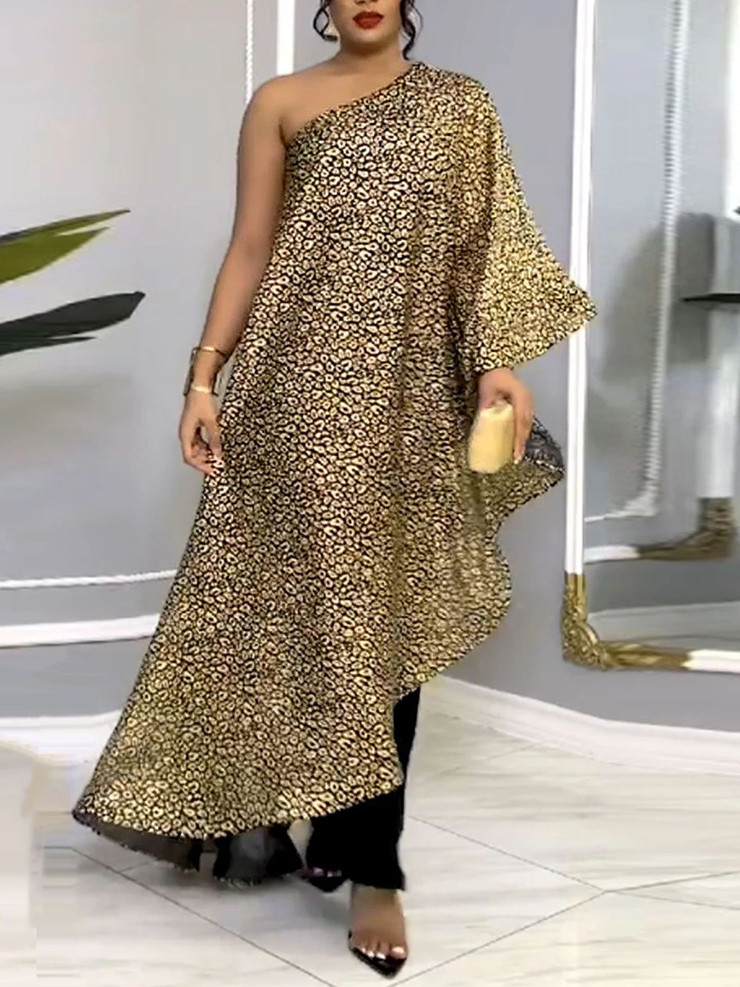 

Szkzk Gold Print Sloping Collar One Shoulder Asymmetric Rufflue Cloak Spliced Jumpsuit Women Sexy Party Evening One Piece Set