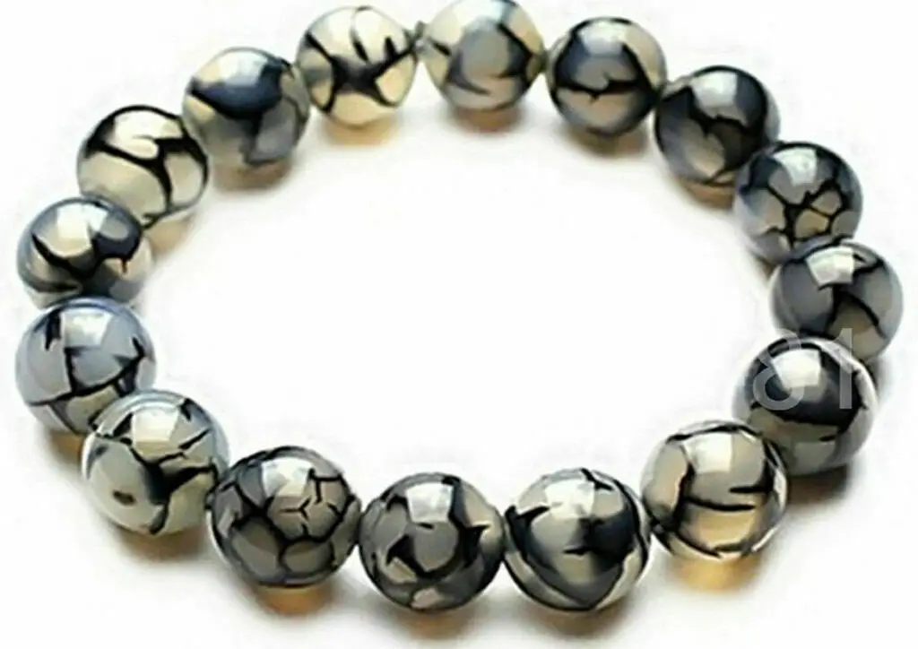 

10MM Natural Black Dragon Veins Agate Round Gemstone Stretchy Bangle Bracelet