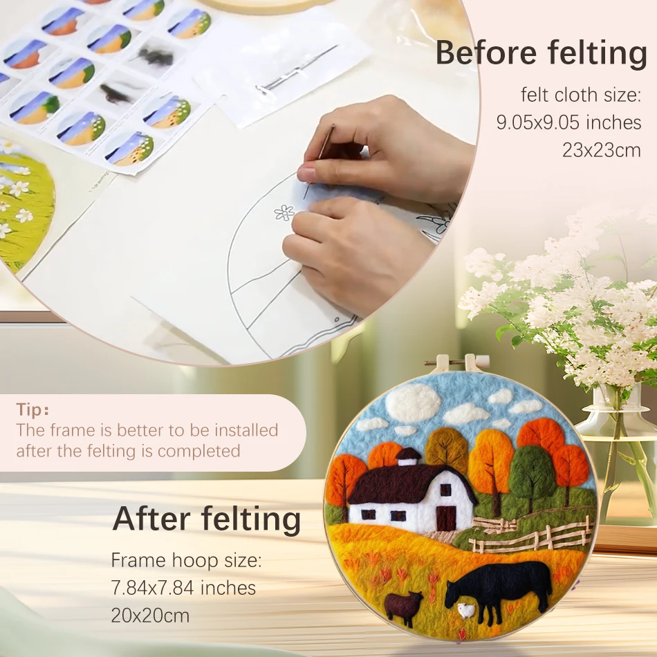 CHENISTORY 20x20cm Frame Felting Needles Kit House Landscape Diy Felt Set Felting Needles Wool Supplies For Mom Gift