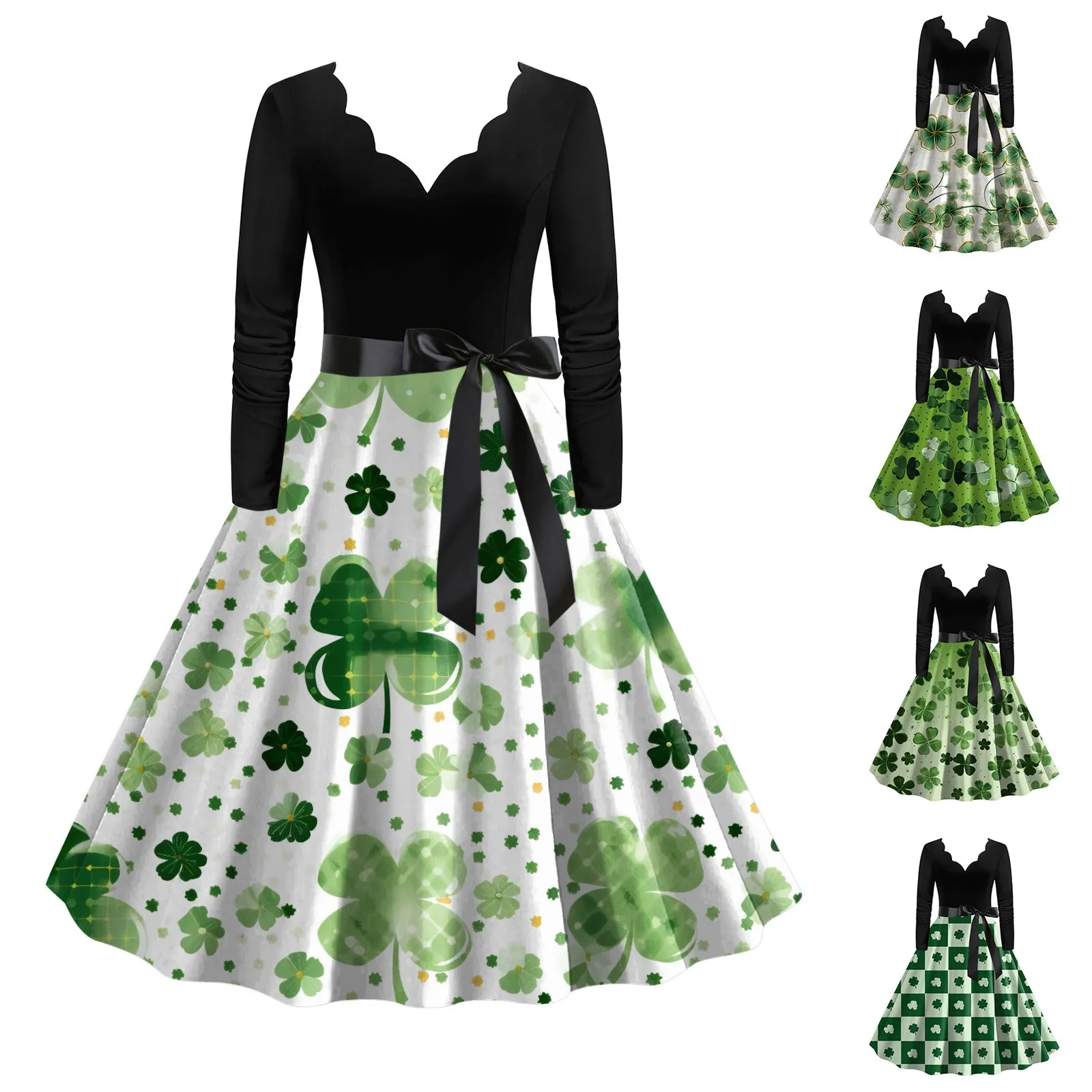 

New Zealand Festival V Neck Long Sleeve Four Leaf Straw Print Vintage Swing Dress Blouses Dresses for Women