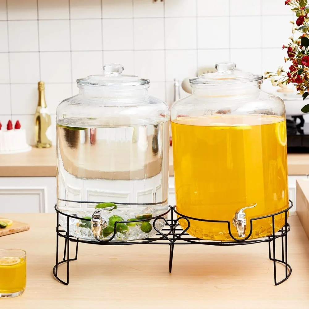 2 pack 4 gallon glass beverage dispenser with stand and spigot leakproof glass drink beverage storage for parties mason jar dis